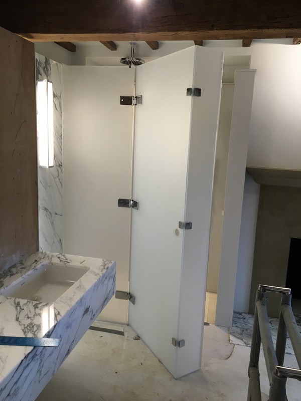 Bespoke frosted glass shower enclosure in Hampstead luxury bathroom